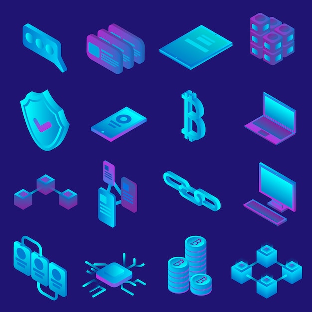 Blockchain icon set. Isometric set of blockchain vector icons for web design