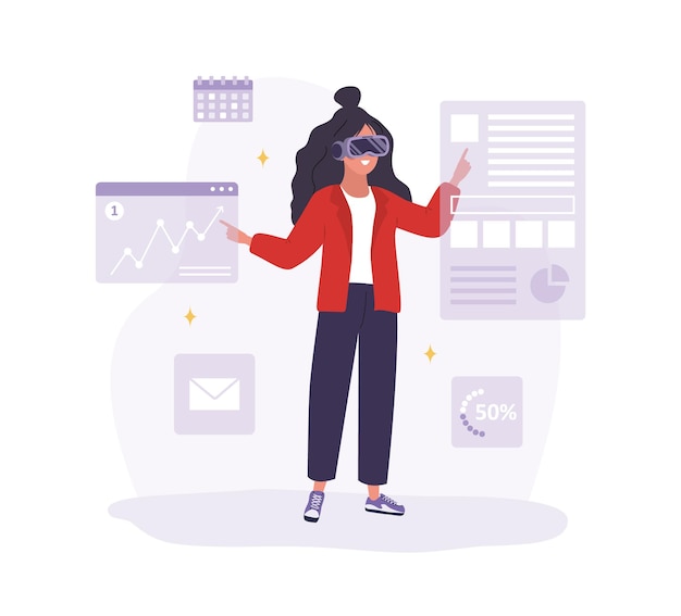 Blockchain technology concept Woman in VR glasses analyzes cryptocurrency charts