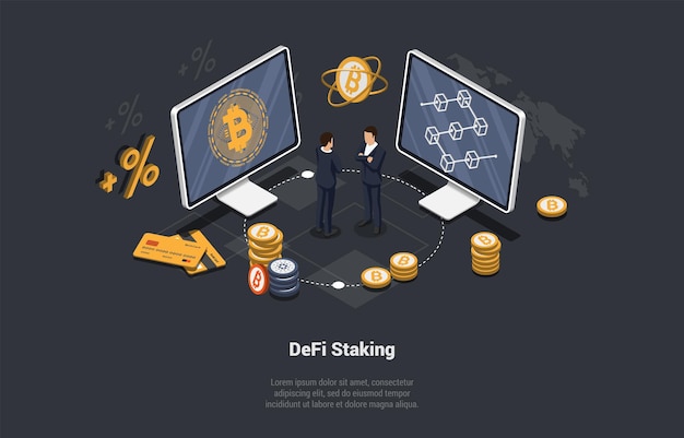 Vector blockchain technology and defi staking defi platforms allow people to lend or borrow funds from others speculate on price movements on assets using derivatives isometric 3d vector illustration