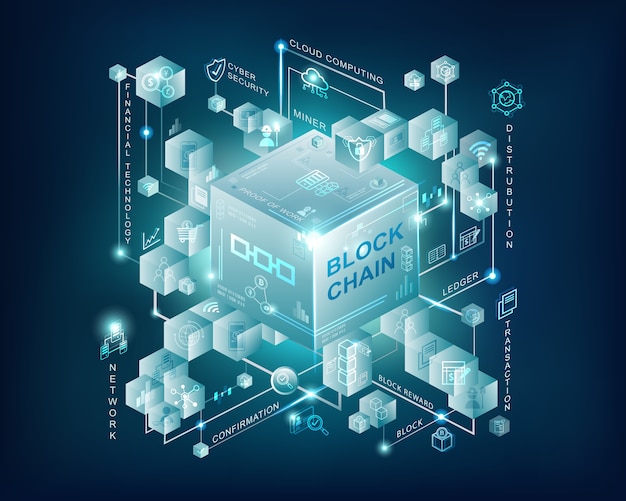 Blockchain technology infographic banner with dark blue background