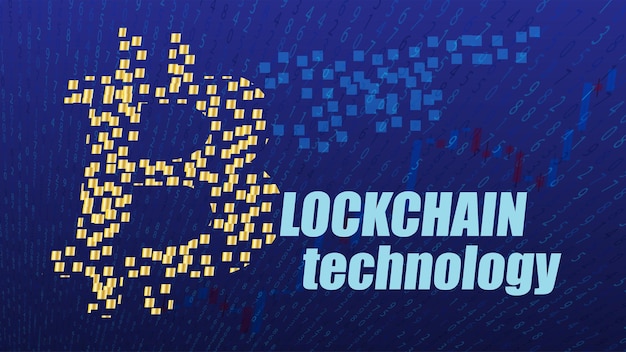 Blockchain technology text on blue digital background with a golden bitcoin logo made of blocks Numbers on the background Template for websites news or articles Vector EPS 10