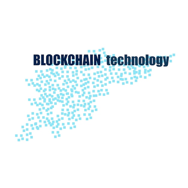 Blockchain technology text with flying blocks isolated on white Blue blocks and a dark inscription Website Design Element Vector EPS 10