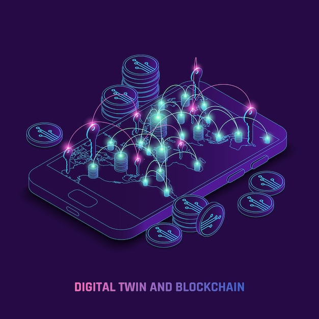 Blockchain using digital twins dynamic technology isometric illustration