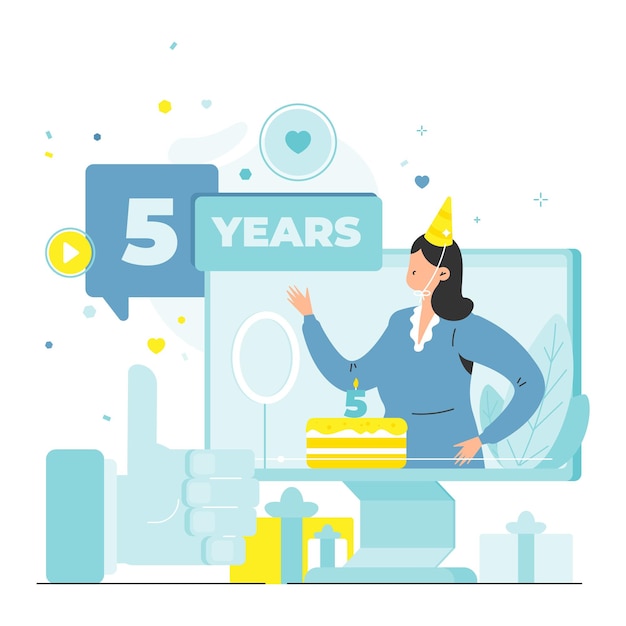 Blogger celebrating happy th blog birthday vector illustration blog anniversary and achievements cel...