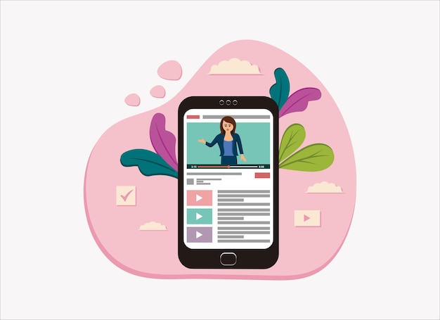 Blogger in handphone Smiling womens on review or vlog flat design illustration