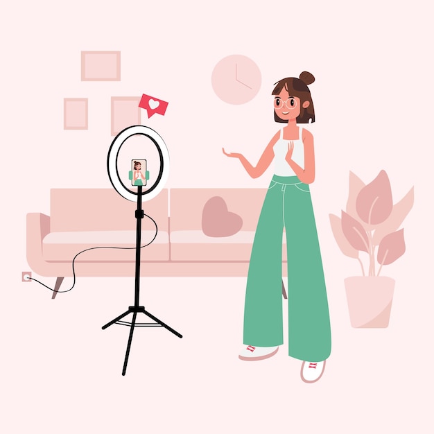 Blogger, Influencer. Flat style vector illustration. A girl recording a vlog on the front camera.