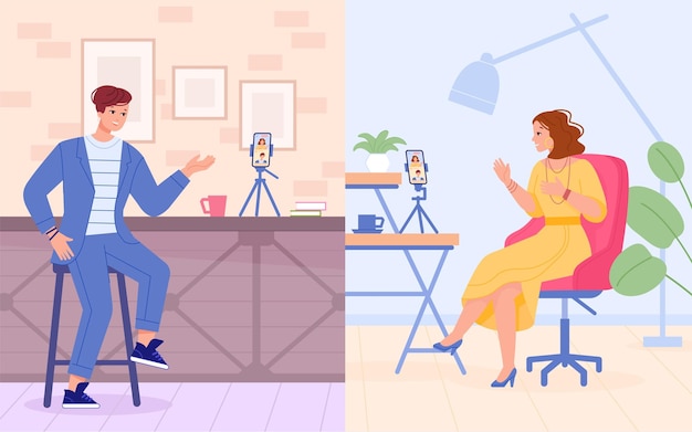 Blogger interview Podcast video bloggers social media live conversation male and female speakers talking microphone on camera radio host vlog studio swanky vector illustration