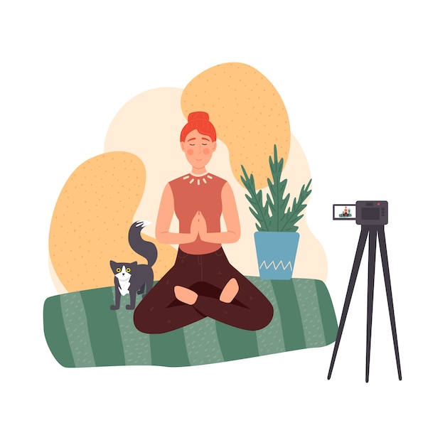 Blogger set. Share content in the internet. Popular people streaming online. Blog about meditation and a healthy lifestyle