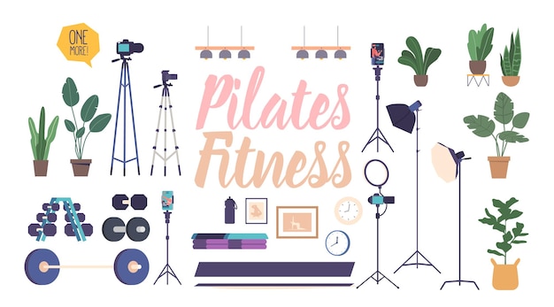 Blogging Equipment For Fitness And Pilates Classes Isolated Icons Set Camera Tripod For Stability Yoga Mat Dumbbells and Barbells Smartphone and Light Houseplants Cartoon Vector Illustration