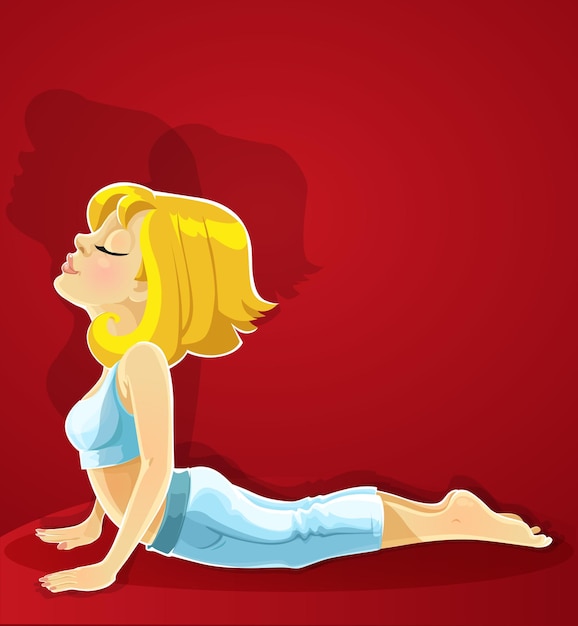 Vector blond girl in yoga pose bhudzhangasana on red background