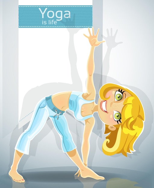 Vector blond girl in yoga pose trikonasana utthita bonus poster for