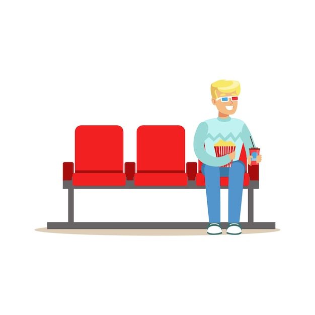 Blond Guy Sitting In Cinema Room Alone With 3D Glasses Part Of Happy People In Movie Theatre Series