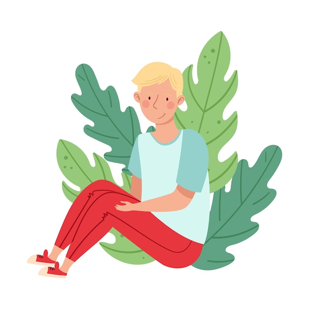 Blond Male Sitting on the Ground with Bending Knees and Floral Leaves Behind Vector Illustration