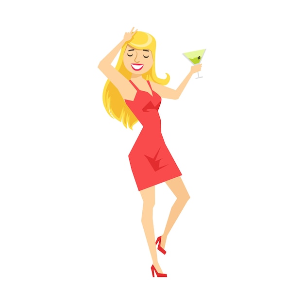 Blond Sexy Girl In Red Dress With Martini Glass DancingPart Of Funny Drunk People Having Fun At The Party Series