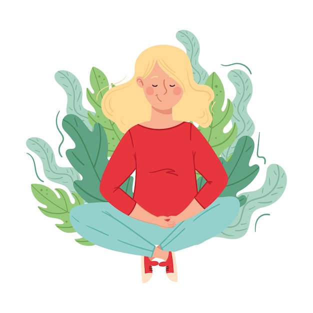 Vector blond woman sitting on the ground with crossed legs and floral leaves behind vector illustration