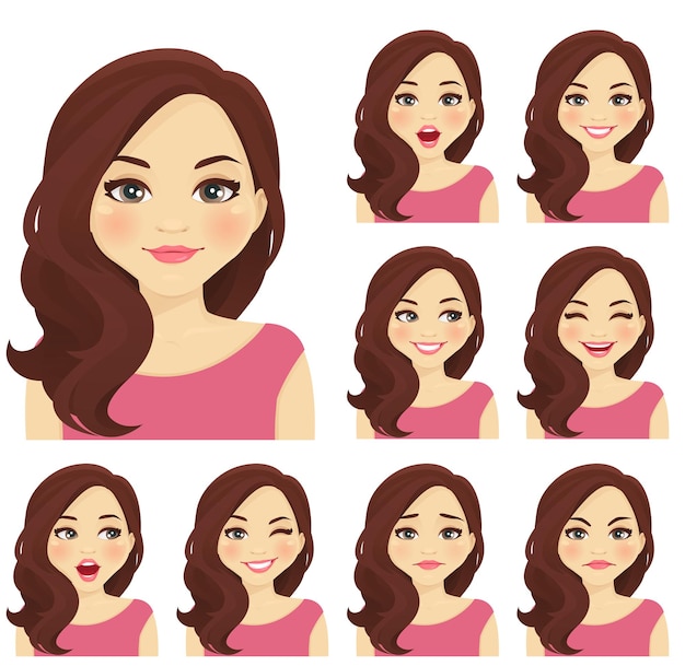 Blond woman with different facial expressions set isolated