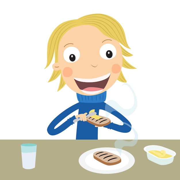 Vector blonde boy spreading butter on toast to eat vector illustration