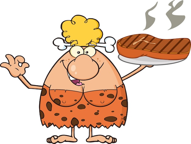 Blonde Cave Woman Cartoon Mascot Character Holding Up A Platter With Big Grilled Steak