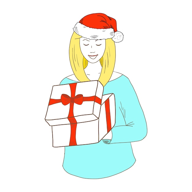 Blonde girl in a christmas hat happy girl with a gift box hand drawn vector sketch