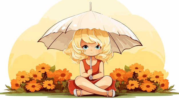 Vector blonde girl sitting under a parasol vector illustration