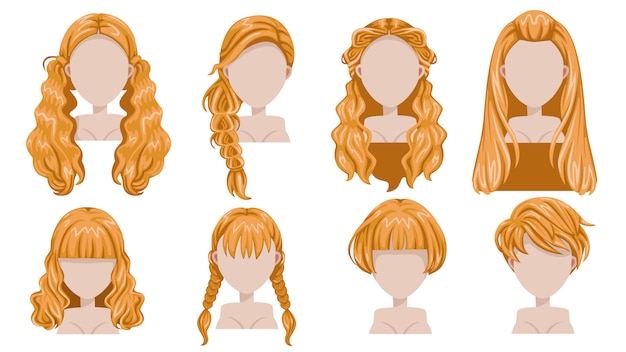 Blonde hair of woman  modern fashion for assortment. long hair, short hair, curly hair trendy haircut icon set.