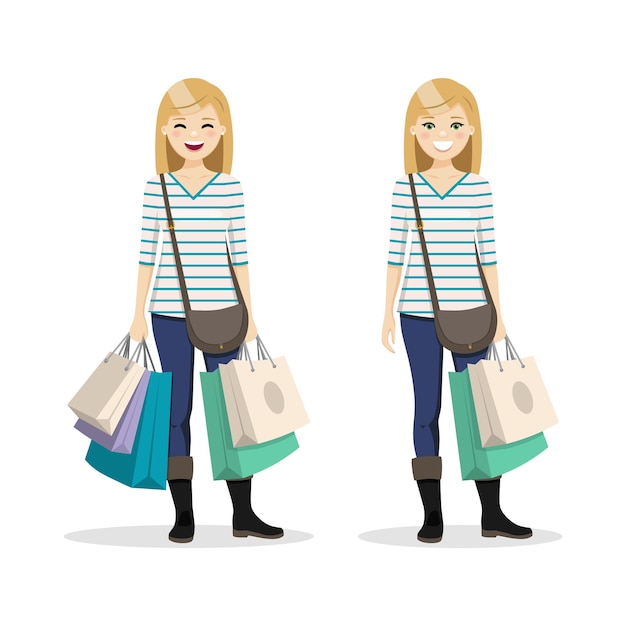 Blonde hair woman with shopping bags in two different positions