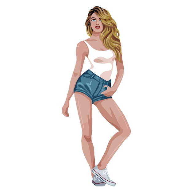 Vector blonde model posing in short denim pants