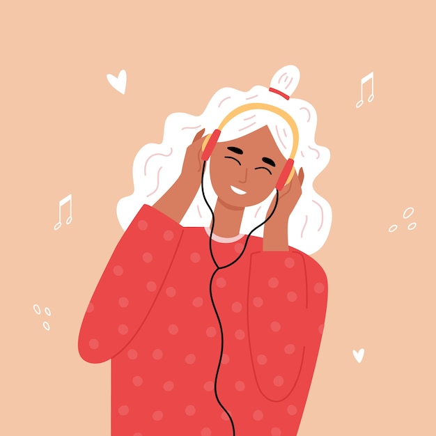 Blonde teenage hipster girl listening to music with headphones