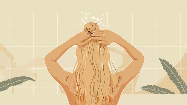 Blonde Woman Combing Hair After Shower on Beige Background