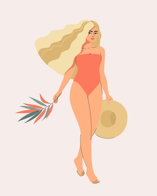 blonde woman is walking in a swimsuit with a hat in the arms and a palm leaf