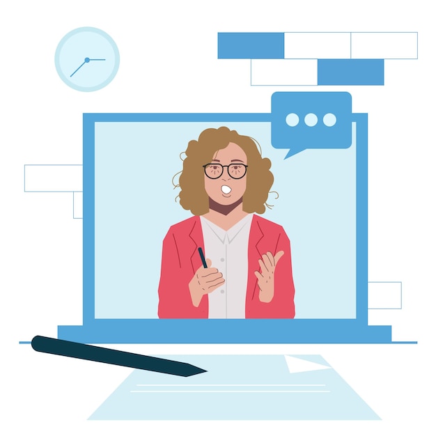 Blonde woman online teaching class in flati llustration