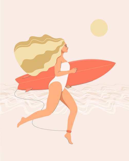 A  blonde woman in a swimsuit runs with a surf in her hands on the beach