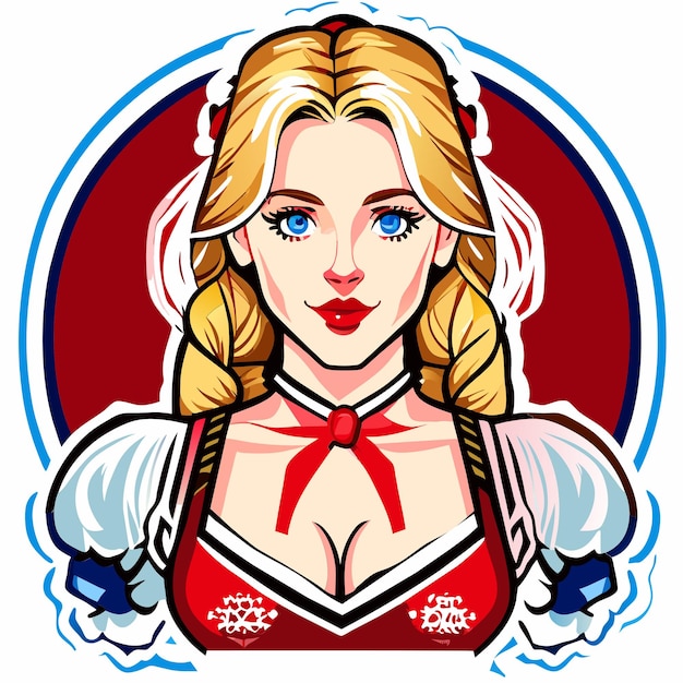 Blondehaired red pink woman in bavarian outfit hand drawn cartoon sticker isolated illustration