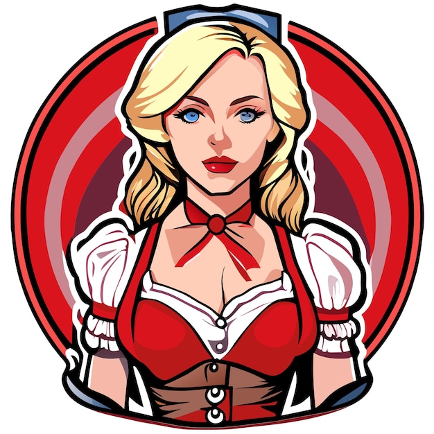 Blondehaired red pink woman in bavarian outfit hand drawn cartoon sticker isolated illustration