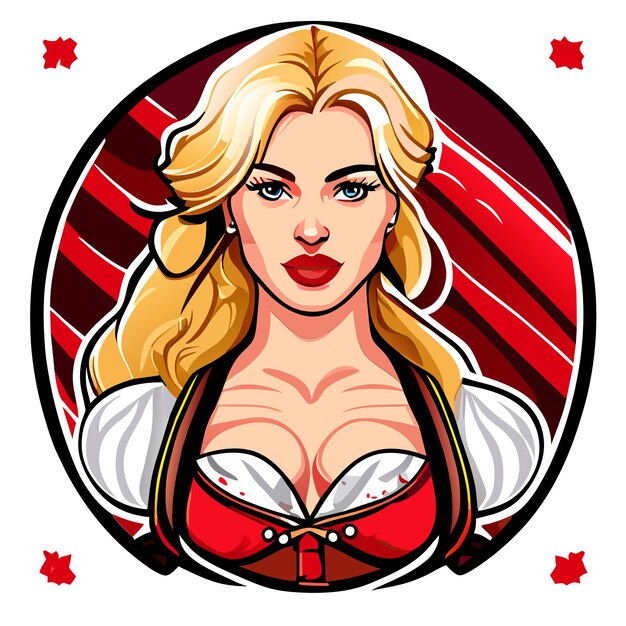 Blondehaired red pink woman in bavarian outfit hand drawn cartoon sticker isolated illustration