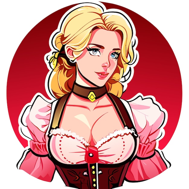 Blondehaired red pink woman in bavarian outfit hand drawn cartoon sticker isolated illustration