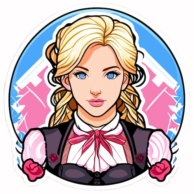 Blondehaired red pink woman in bavarian outfit hand drawn cartoon sticker isolated illustration