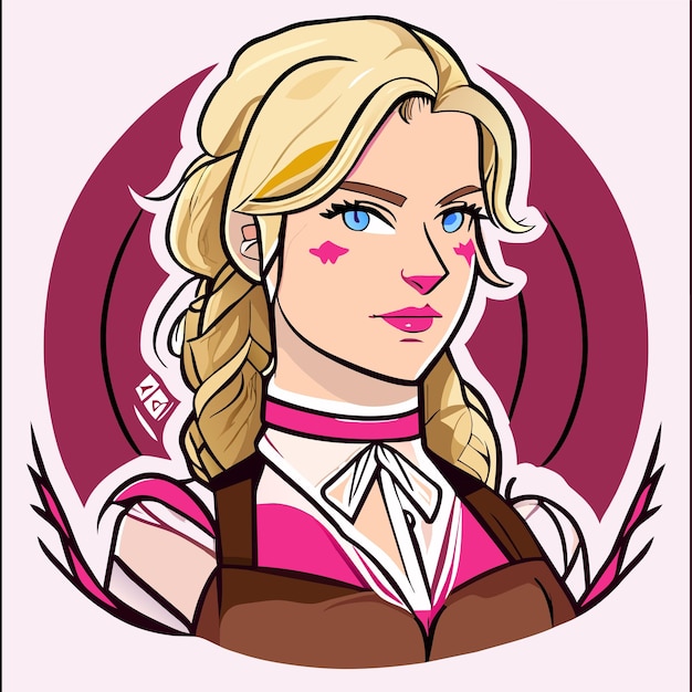 Blondehaired red pink woman in bavarian outfit hand drawn cartoon sticker isolated illustration