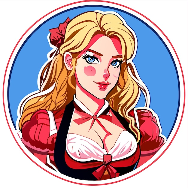 Blondehaired red pink woman in bavarian outfit hand drawn cartoon sticker isolated illustration