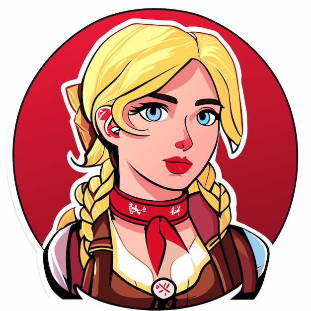 Blondehaired red pink woman in bavarian outfit hand drawn cartoon sticker isolated illustration