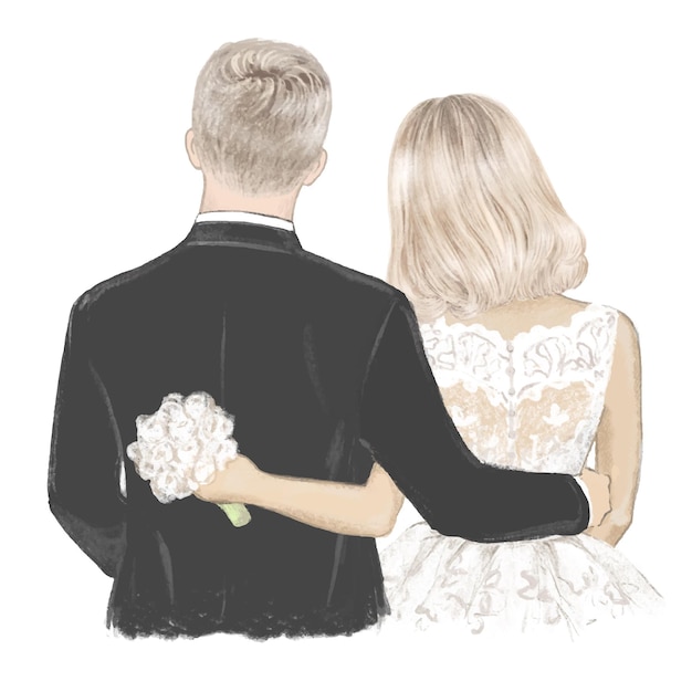 Blondes bride and groom on wedding day hand drawn illustration