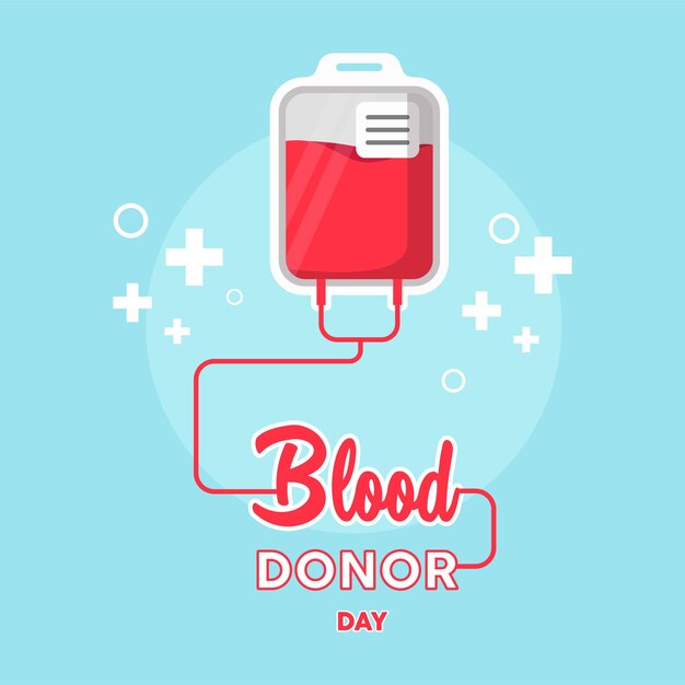 Blood bag on blue background World Blood Donor Day14 June Colored flat graphic vector illustration