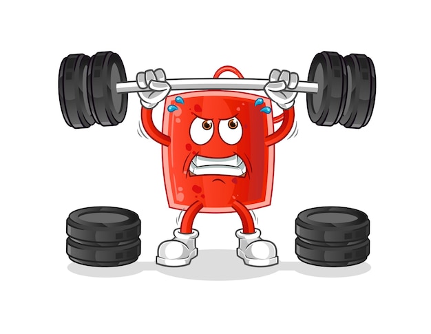 The blood bag lifting the barbell . cartoon mascot