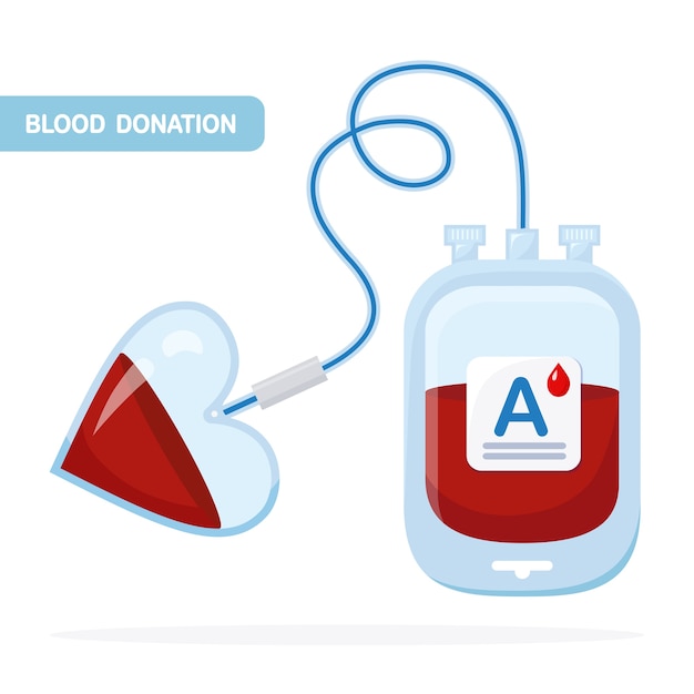 Blood bag with red drop  on white background. Donation, transfusion in medicine laboratory concept. Pack of plasma with heart. Save patient life.   