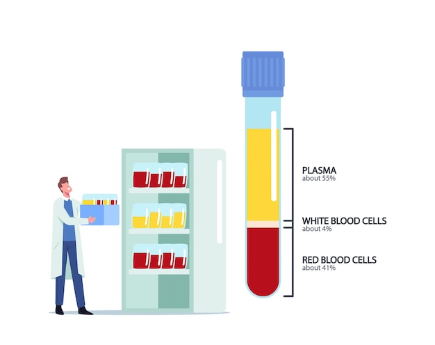 Blood Composition, Medicine, Health Care Concept. Tiny Male Doctor Character Carry Bottles with Samples at Huge Glass Flask with Lifeblood Plasma, White and Red Cells. Cartoon Vector Illustration