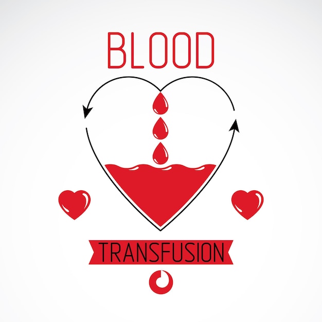 Blood donation and blood transfusion concept vector symbol created with red heart shape with arrows and blood drops. Hematology theme, medical treatment design emblem.