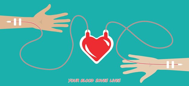 Blood donation concept with blood bag as heartVector illustration with arms World blood donor day