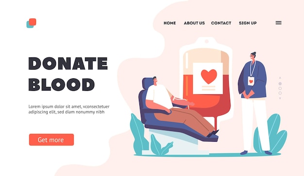 Blood Donation Landing Page Template Lifeblood Transfusion Concept Female Nurse Character Receiving Blood from Donor