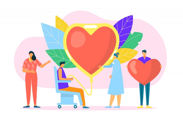 Vector blood donation, medicine help for hospital concept  illustration. donor aid clinic, charity transfusion to huge heart symbol. volunteer care about medical health, human life by donate .