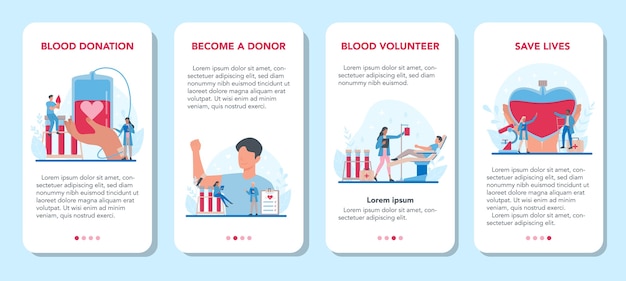 Blood donation mobile application banner set. Give blood and save life, become donor. Idea of charity and help. Doctor with a blood vial.